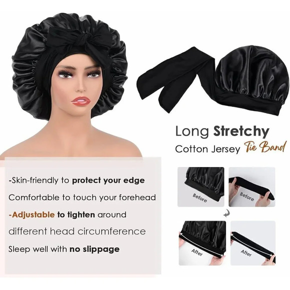 Yanibest Satin Bonnet Silk For Sleeping Hair Bonnet With Tie Band Head- Black - Picture 4 of 6
